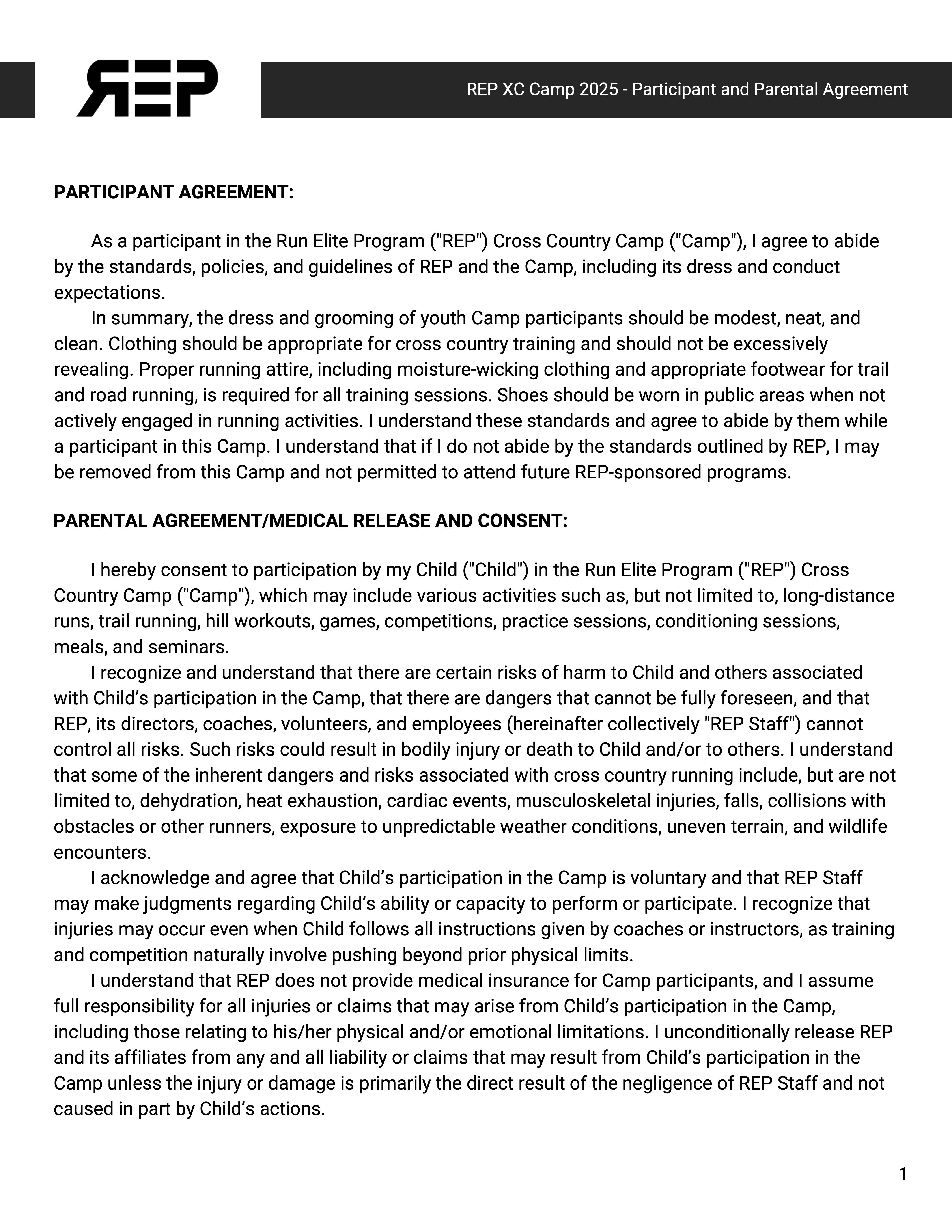 Participant and Parental Agreement Page 1